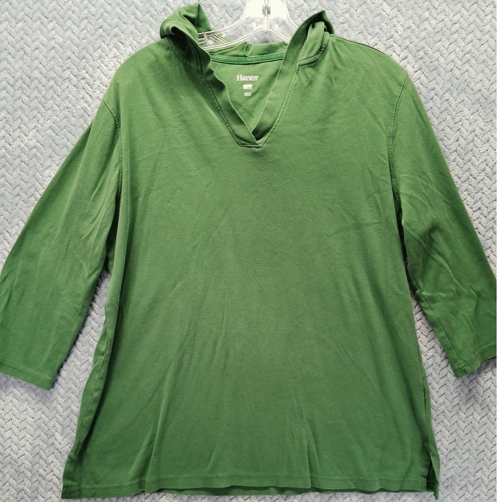Hanes Womens XL Green Cotton Jersey V-Neck Hoodie 3/4 Sleeve Pullover Top